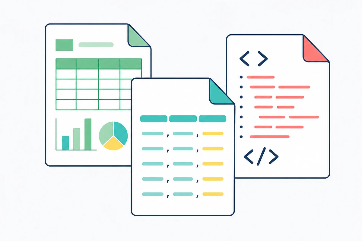 Excel、CSV、HTML形式で出力する改善指示書を表した3つのファイルイラスト