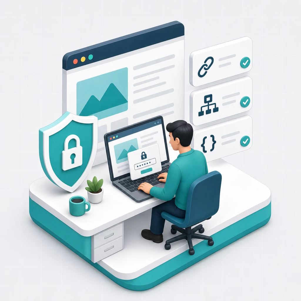 BASIC認証で保護された公開前ページのSEO項目を確認する開発者のアイソメトリックイラスト