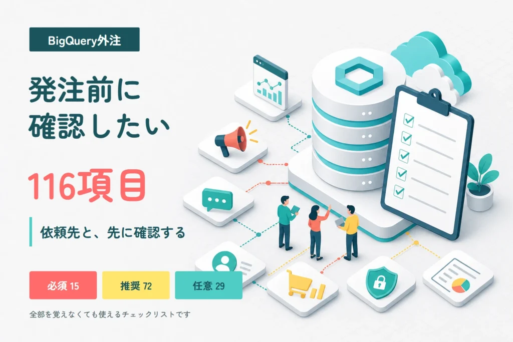 BigQuery外注で発注前に確認したい116項目を、必須15・推奨72・任意29に分けたチェックリストの図解