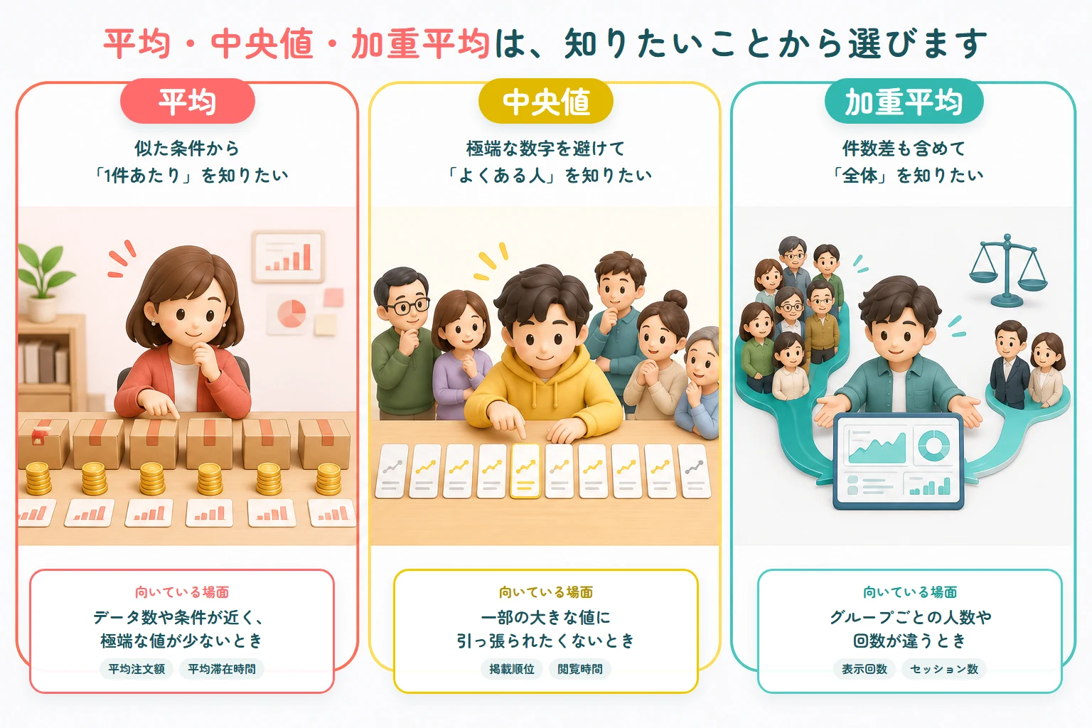 平均・中央値・加重平均が向いている場面をSEO・CRO担当者の人物イラストで比較した図