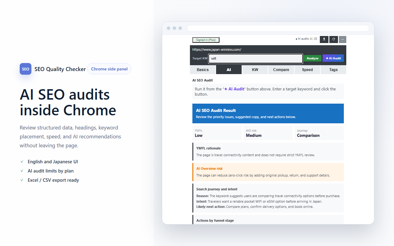 Chromeのサイドパネルに表示されたSEO品質チェッカーのAI診断結果